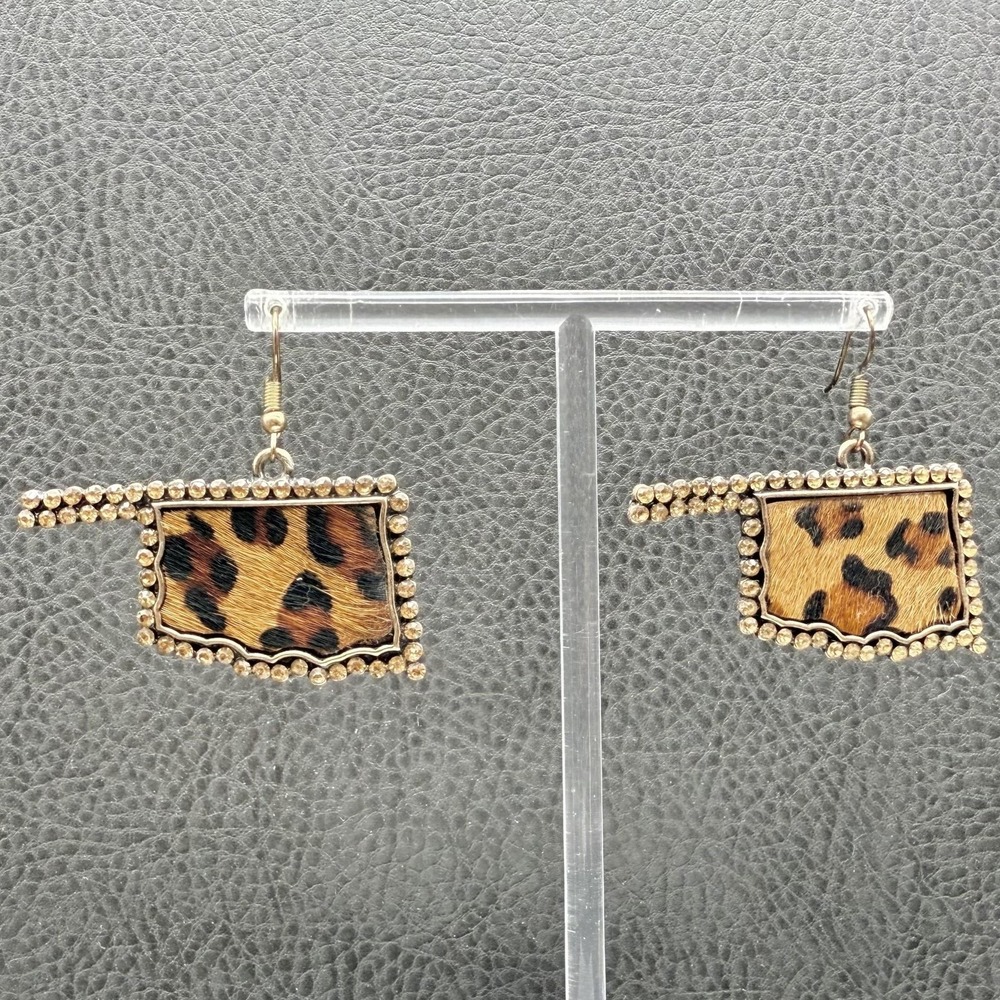 Earrings Oklahoma Shaped Leopard Print Gold Rhinestone Western Dangle Jewelry 2"